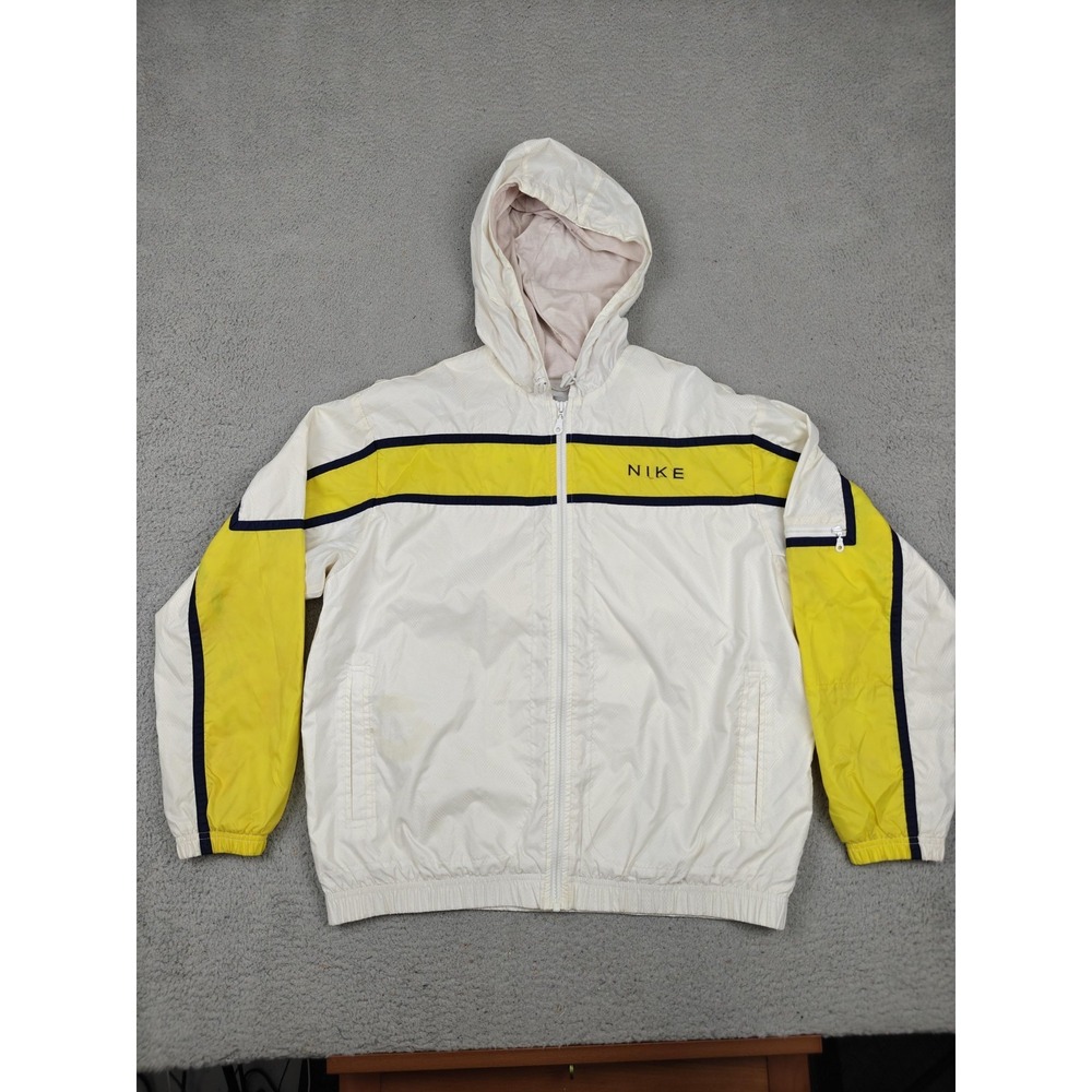 Vintage Nike Windbreaker Jacket Youth Large 12-14 White Yellow Hooded Zip
